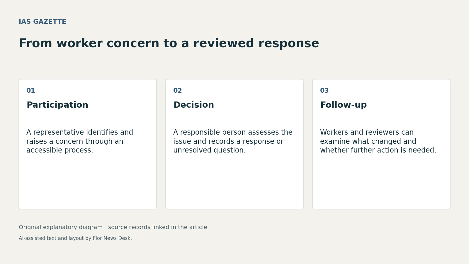 Explanatory diagram: Participation: A representative identifies and raises a concern through an accessible process.; Decision: A responsible person assesses the issue and records a response or unresolved question.; Follow-up: Workers and reviewers can examine what changed and whether further action is needed.