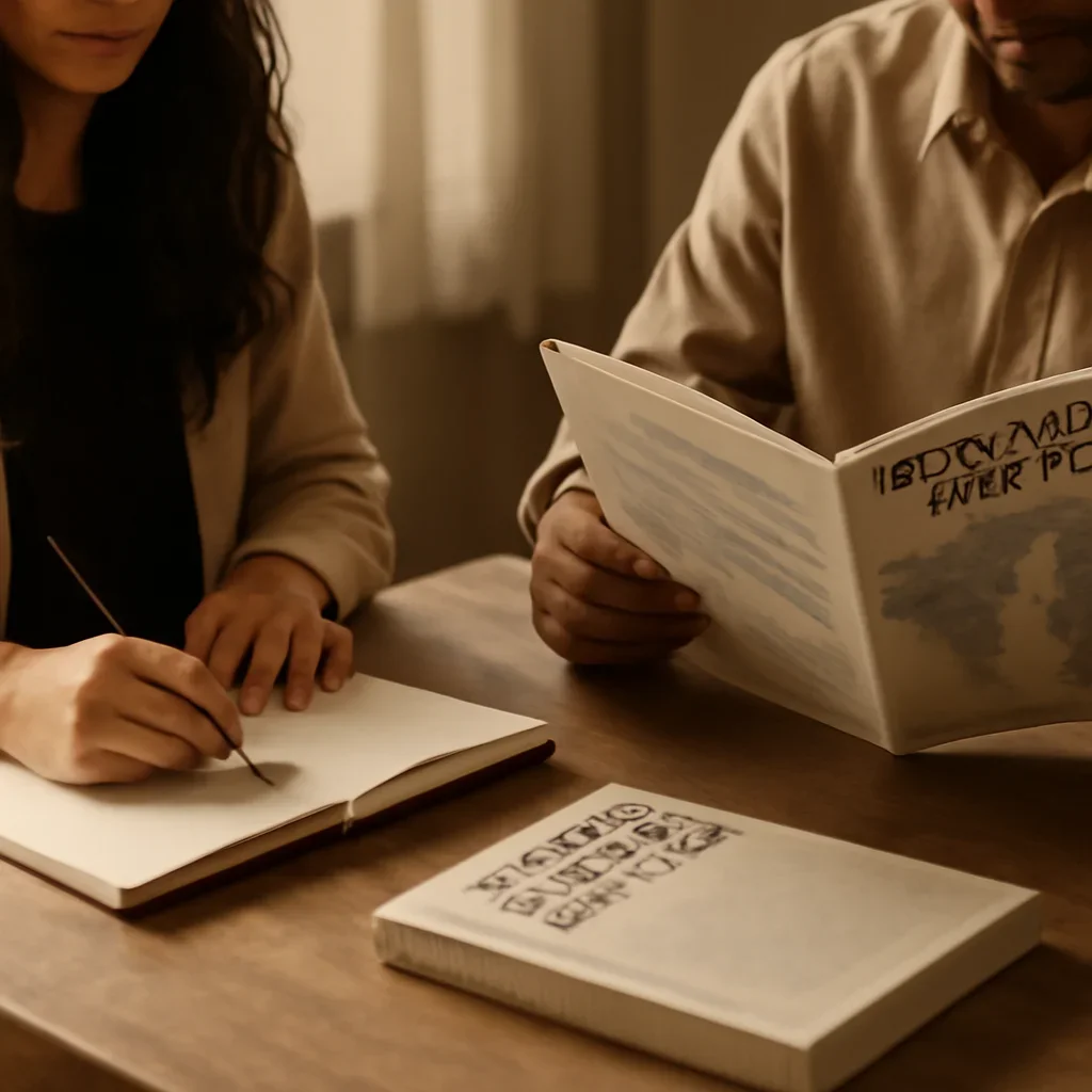 Closing call-to-action image for 2018 Archive featuring readers, notebooks, and international affairs material