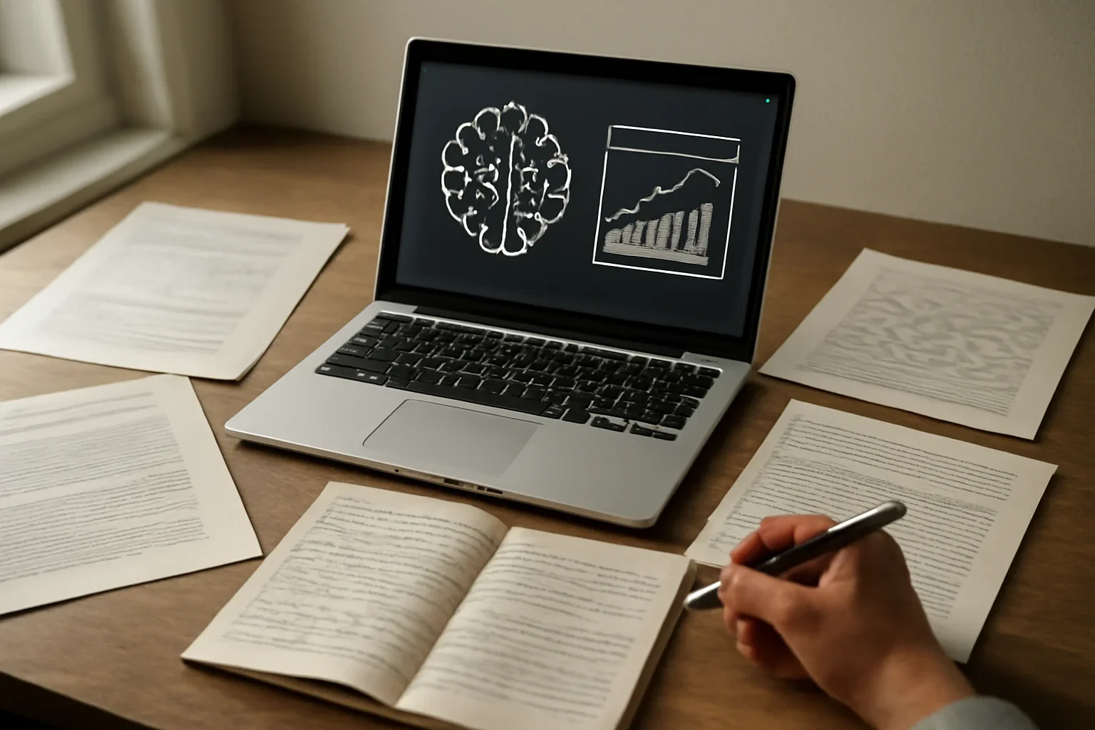 Editorial-style image for 2018 Archive with AI research workstation with policy papers, interface mockups, and notebook annotations