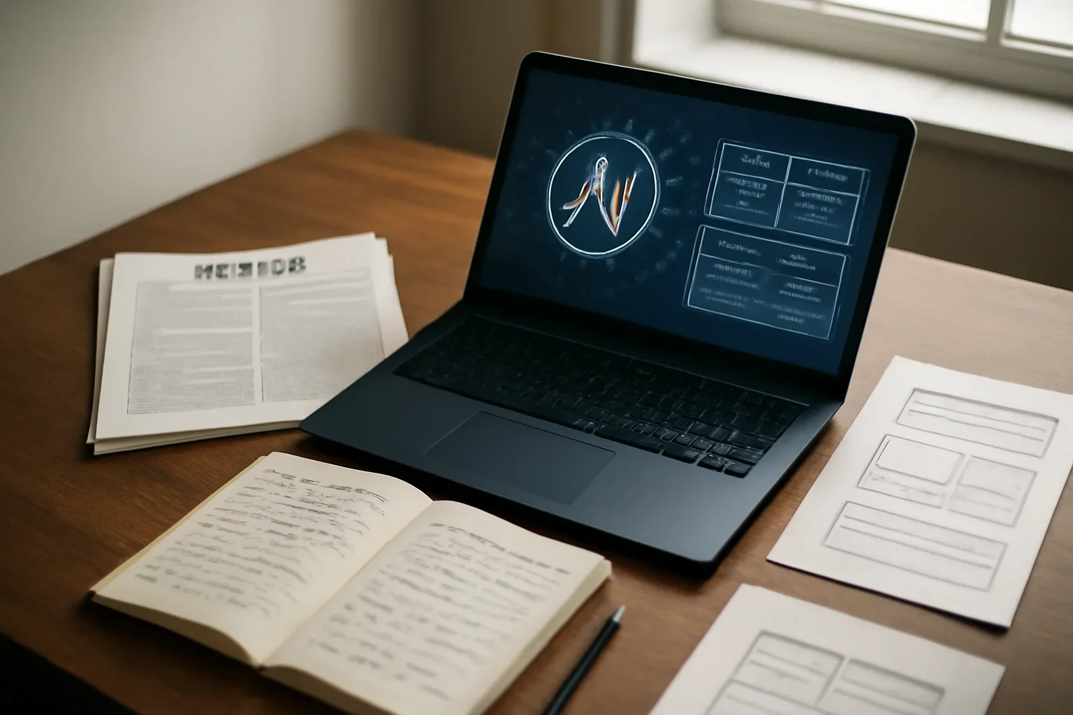 Editorial-style image for 2019 Archive with AI research workstation with policy papers, interface mockups, and notebook annotations