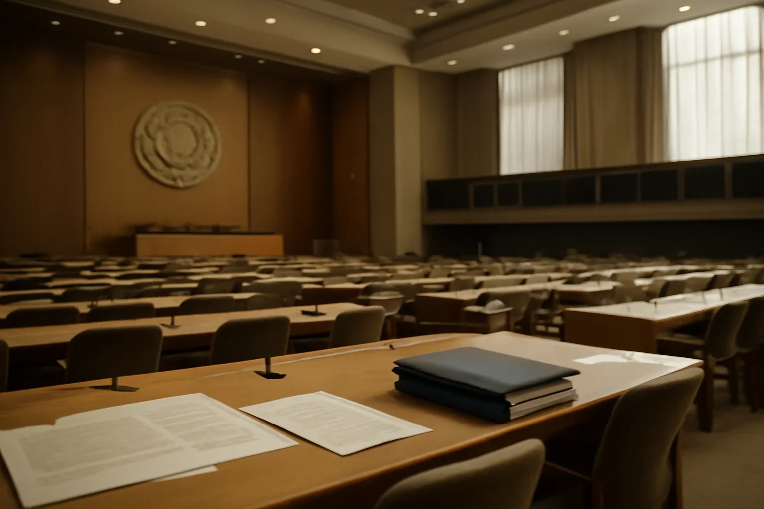 Editorial-style image for Have 75 Years of United Nations Made the World ‘Better’? with conference hall with documents, translators' booths, and briefing books
