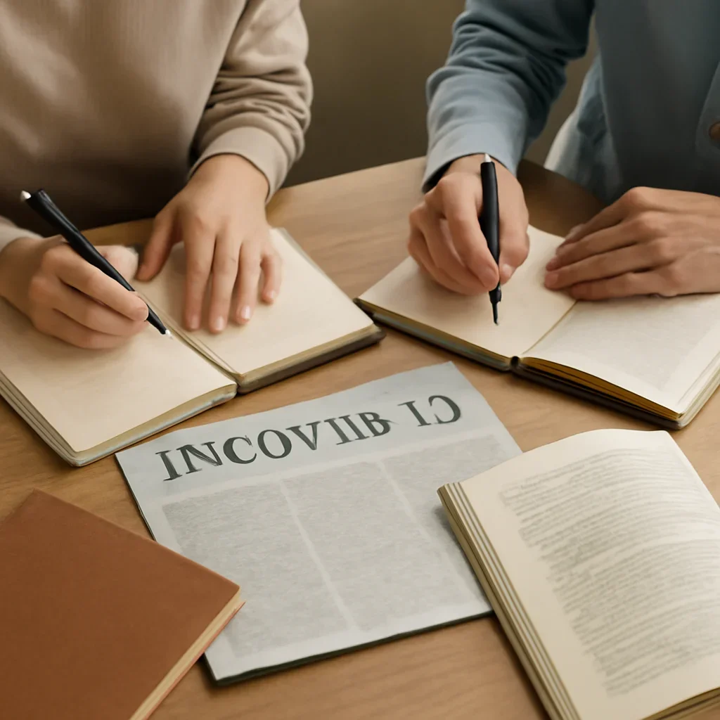 Closing call-to-action image for Corruption Meets Covid-19 – A Double Whammy featuring readers, notebooks, and international affairs material
