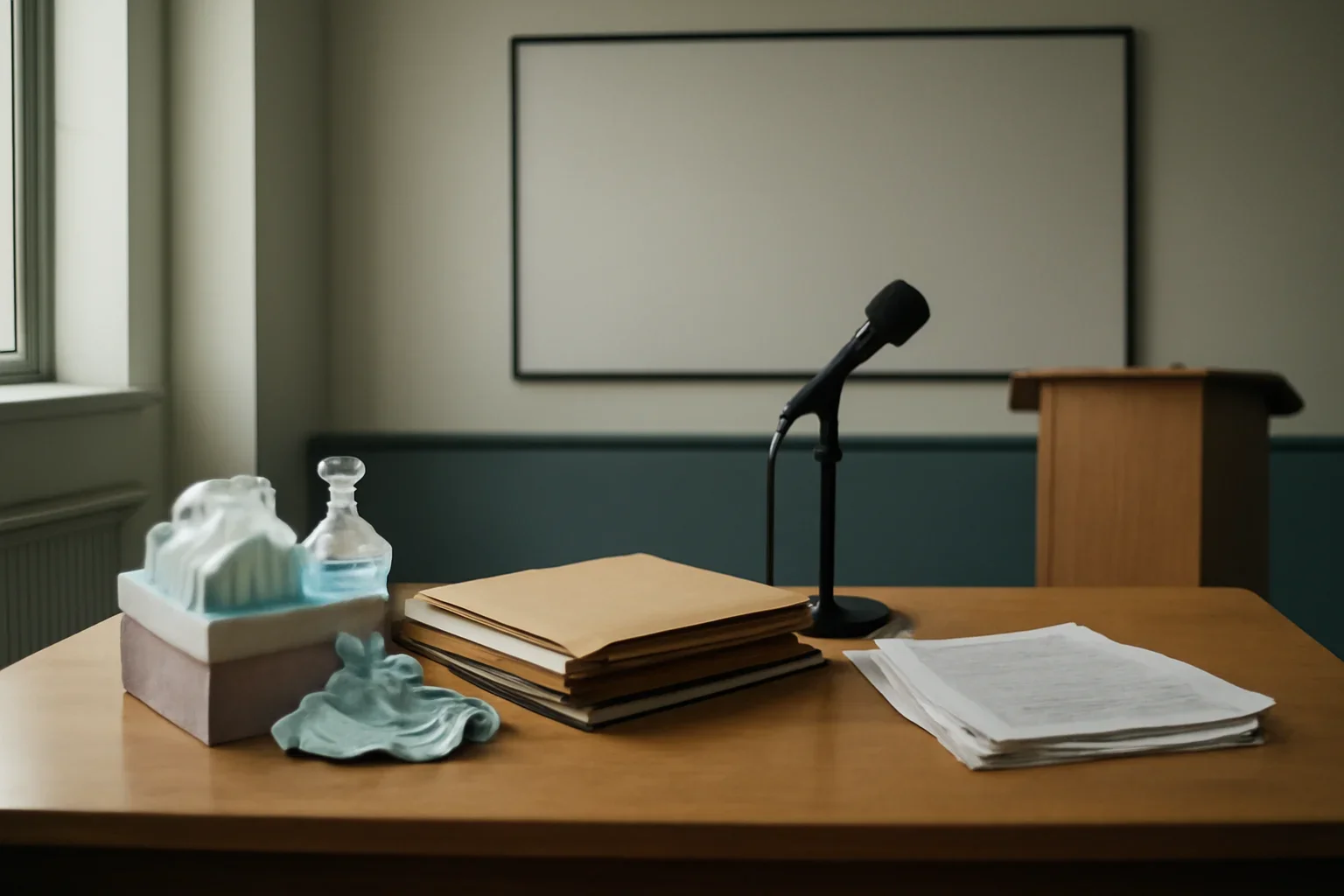 Editorial-style image for Corruption Meets Covid-19 – A Double Whammy with public health briefing room with medical supplies, procurement files, and press notes