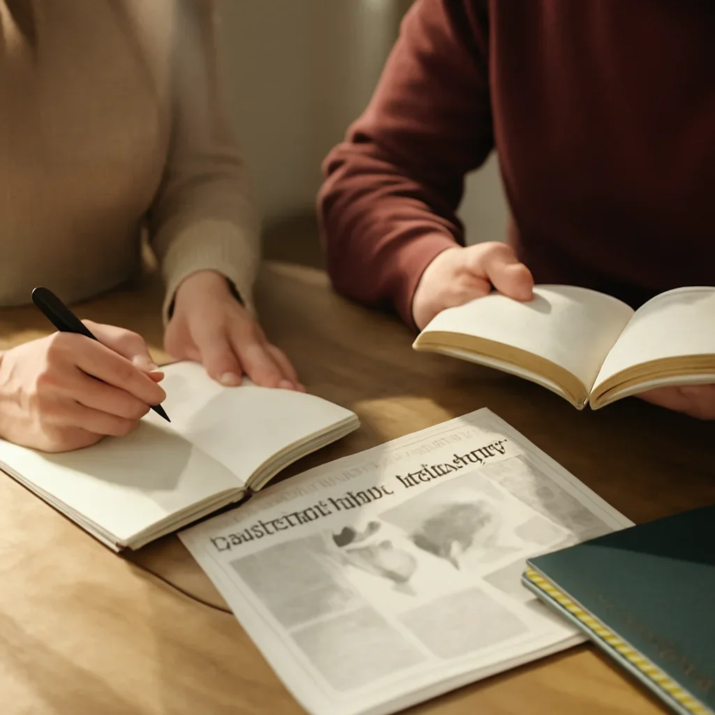 Closing call-to-action image for 2020 Archive featuring readers, notebooks, and international affairs material