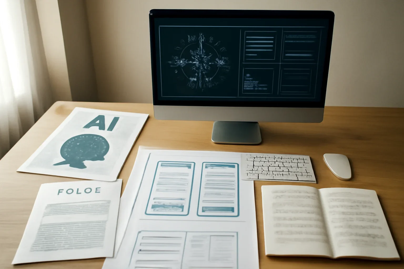 Editorial-style image for 2020 Archive with AI research workstation with policy papers, interface mockups, and notebook annotations