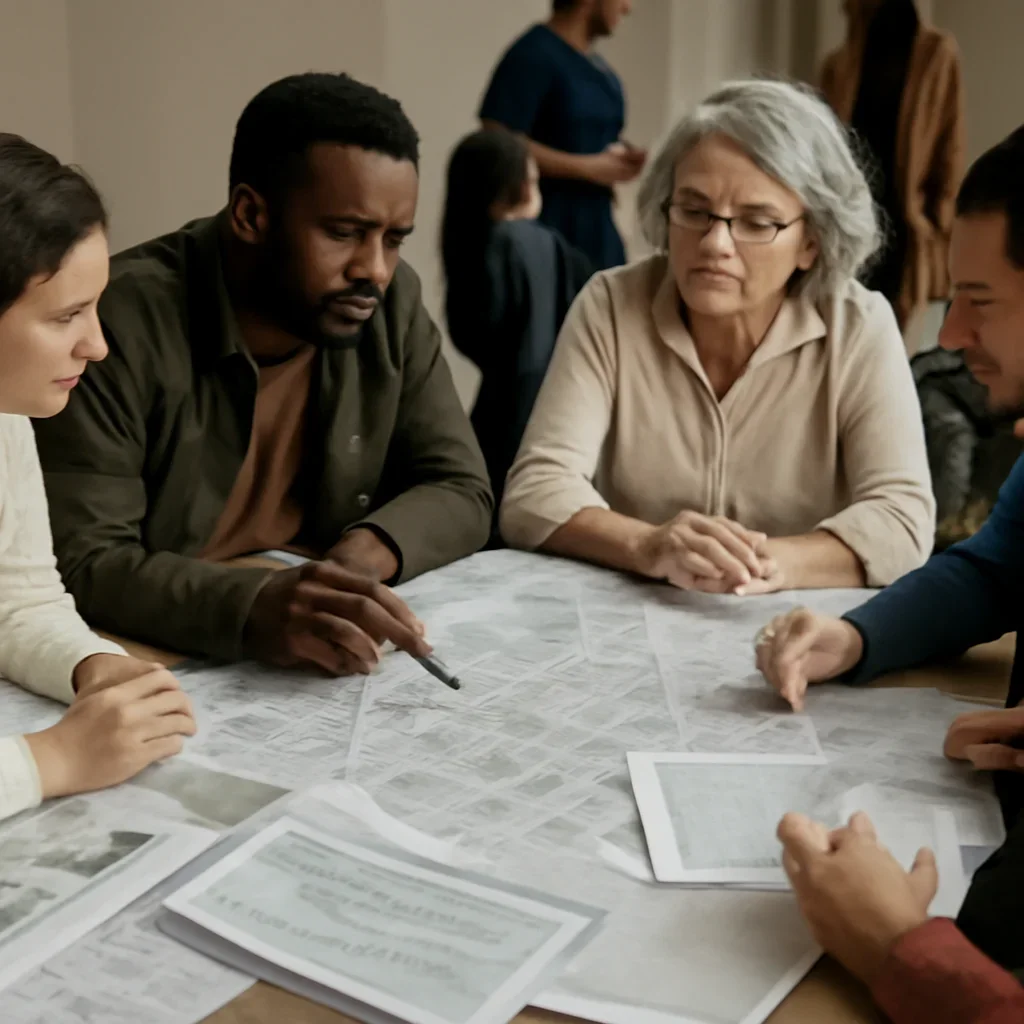 Supporting visual for No Man’s Land: Catalysing the Integration of Refugees showing community planning meeting with language materials and urban maps in a working editorial context