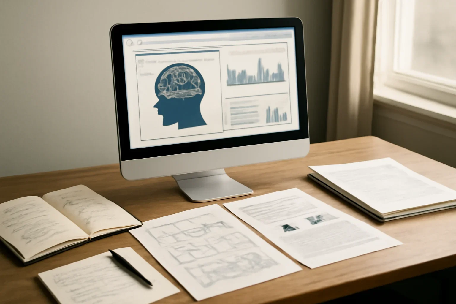 Editorial-style image for 2022 Archive with AI research workstation with policy papers, interface mockups, and notebook annotations