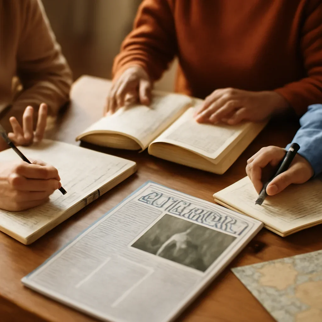 Closing call-to-action image for Narratives Around the Israel-Palestine Conflict featuring readers, notebooks, and international affairs material