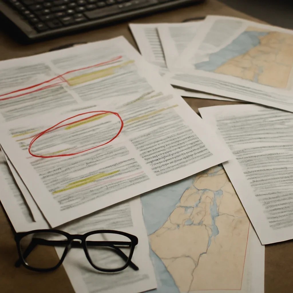 Supporting visual for Narratives Around the Israel-Palestine Conflict showing news analysis desk with marked headlines, legal texts, and regional maps in a working editorial context