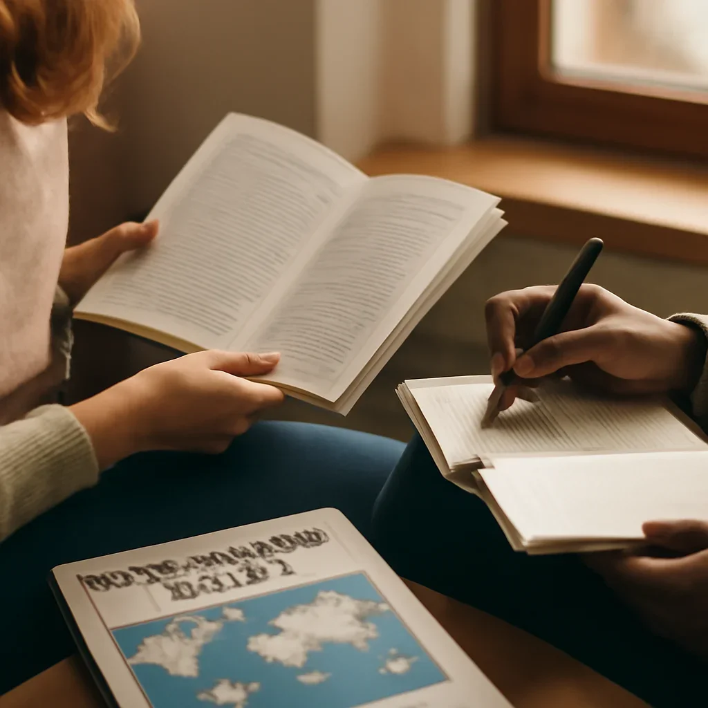 Closing call-to-action image for 2024 Archive featuring readers, notebooks, and international affairs material