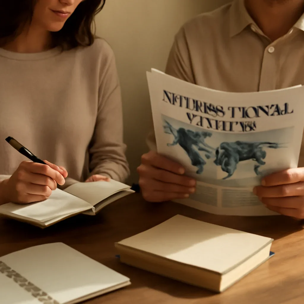 Closing call-to-action image for 2025 Archive featuring readers, notebooks, and international affairs material