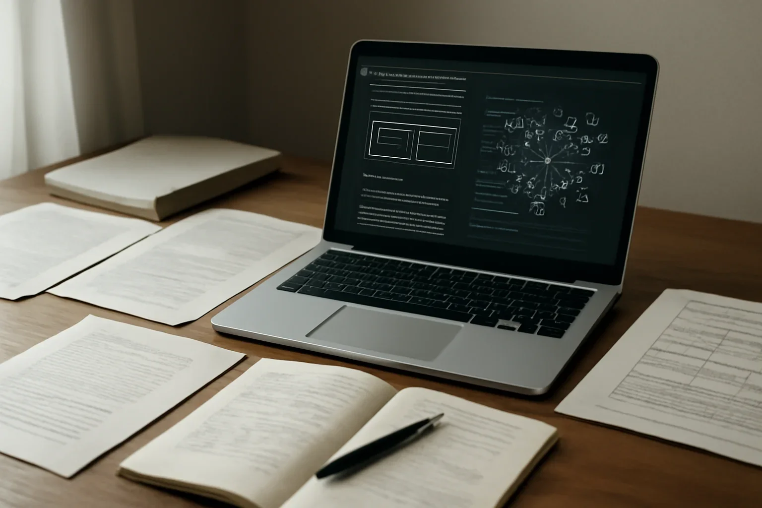 Editorial-style image for 2025 Archive with AI research workstation with policy papers, interface mockups, and notebook annotations