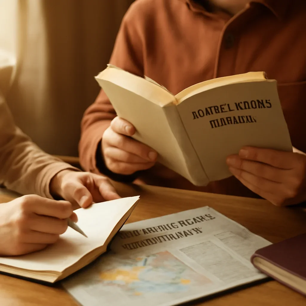Closing call-to-action image for About featuring readers, notebooks, and international affairs material
