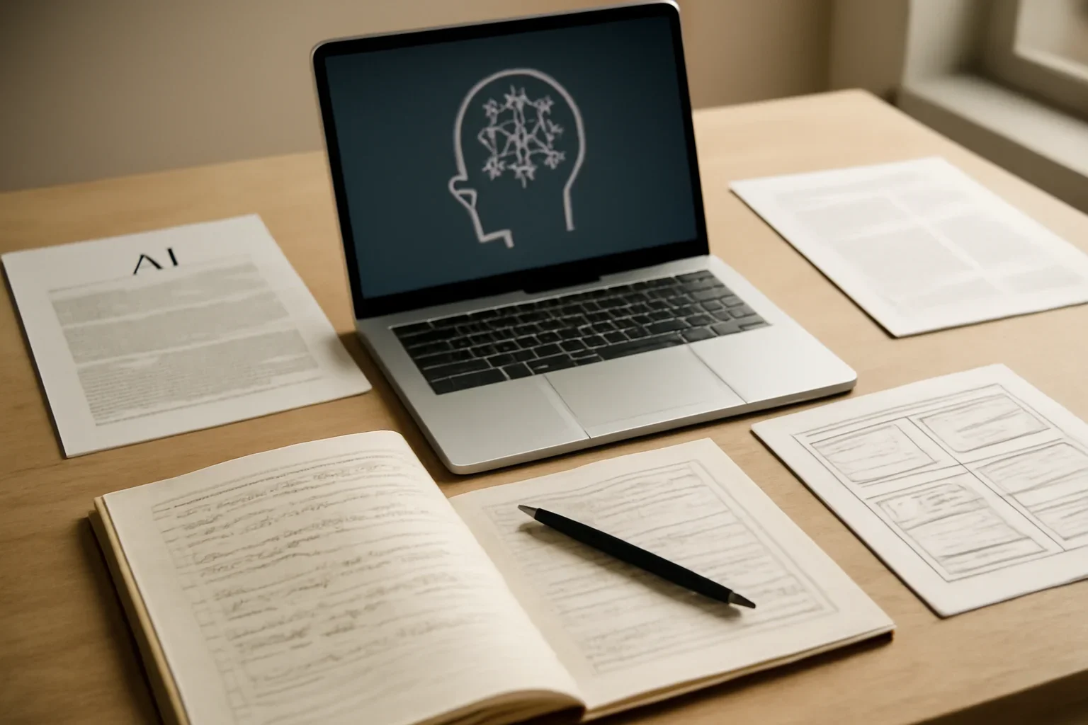 Editorial-style image for About with AI research workstation with policy papers, interface mockups, and notebook annotations