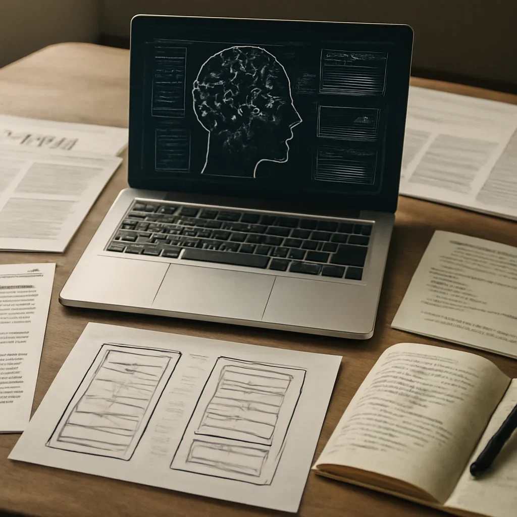 Supporting visual for About showing AI research workstation with policy papers, interface mockups, and notebook annotations in a working editorial context
