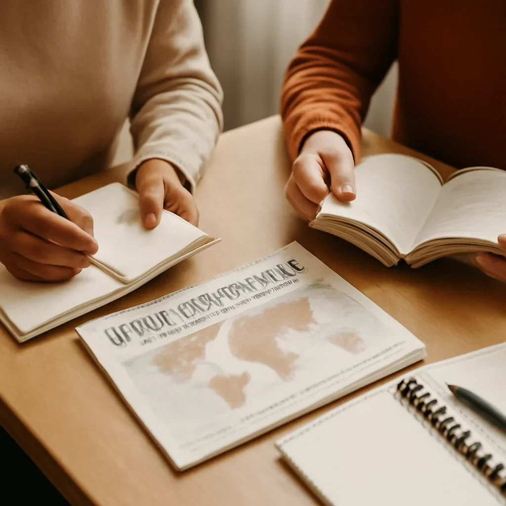 Closing call-to-action image for Accessibility featuring readers, notebooks, and international affairs material
