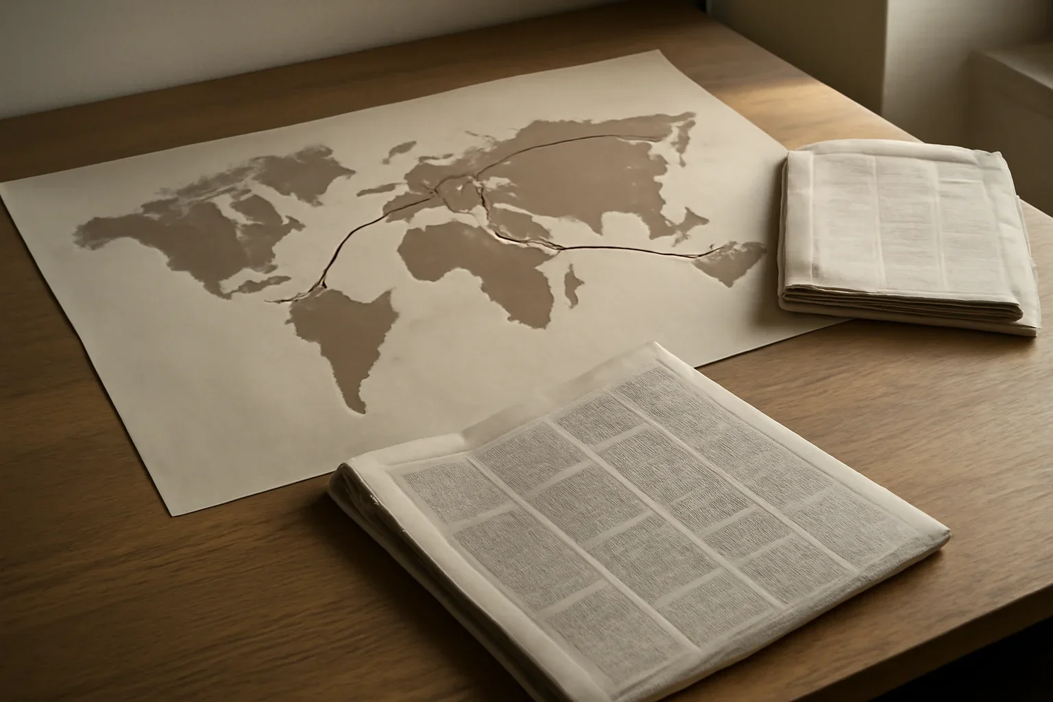 Editorial-style image for Accessibility with editorial desk with a world map, newspapers, and route markings