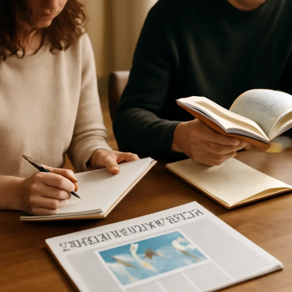 Closing call-to-action image for Advertise featuring readers, notebooks, and international affairs material