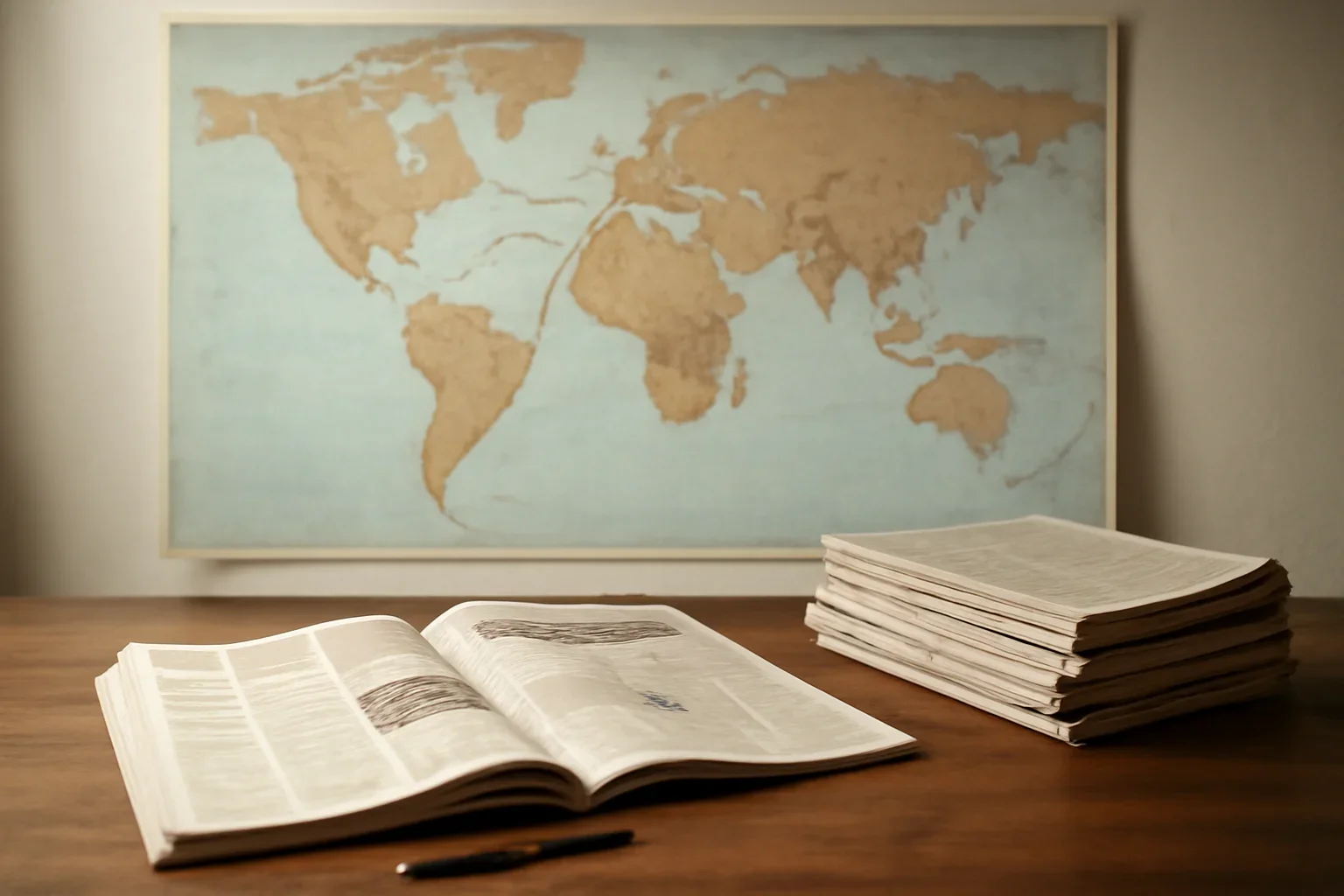 Editorial-style image for Advertise with editorial desk with a world map, newspapers, and route markings