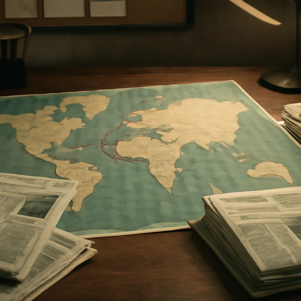 Supporting visual for Advertise showing editorial desk with a world map, newspapers, and route markings in a working editorial context