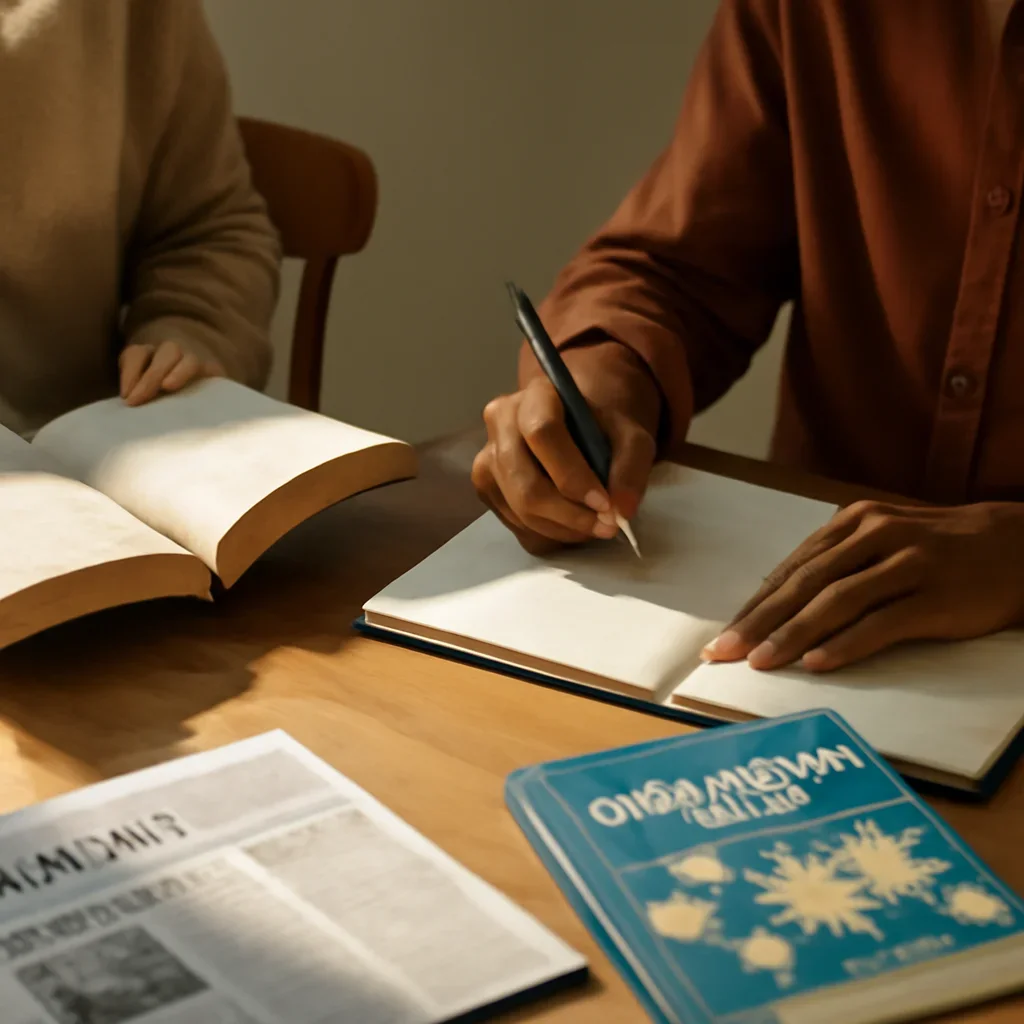 Closing call-to-action image for Authors featuring readers, notebooks, and international affairs material