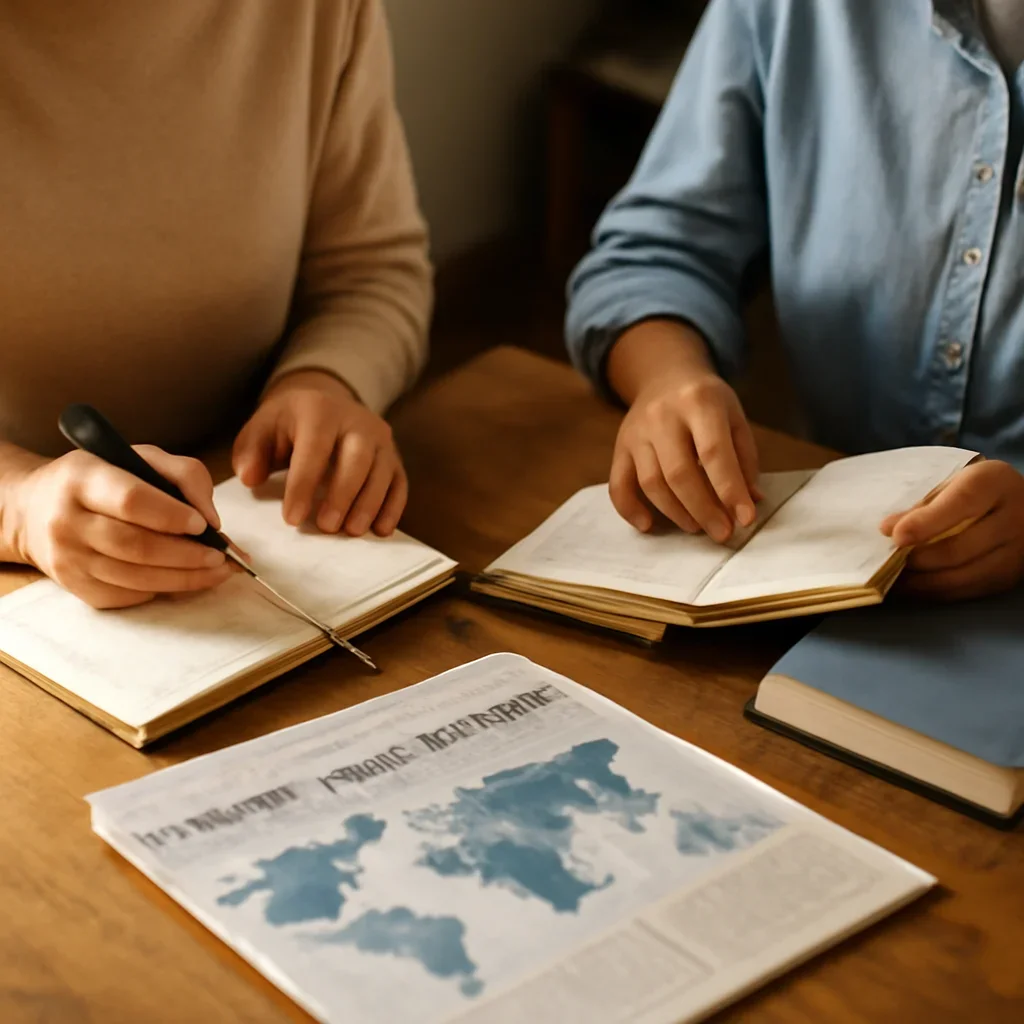 Closing call-to-action image for Careers in International Relations Without Being a Diplomat featuring readers, notebooks, and international affairs material