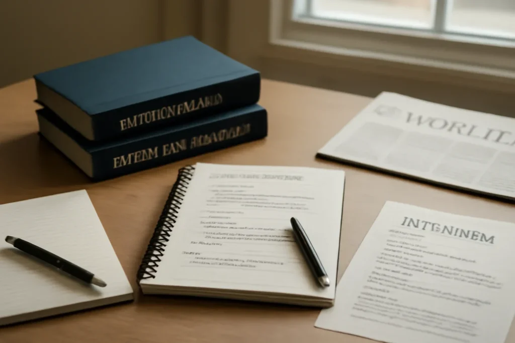 Editorial-style image for Careers in International Relations Without Being a Diplomat with student career planning desk with notebooks, interview notes, and foreign policy books