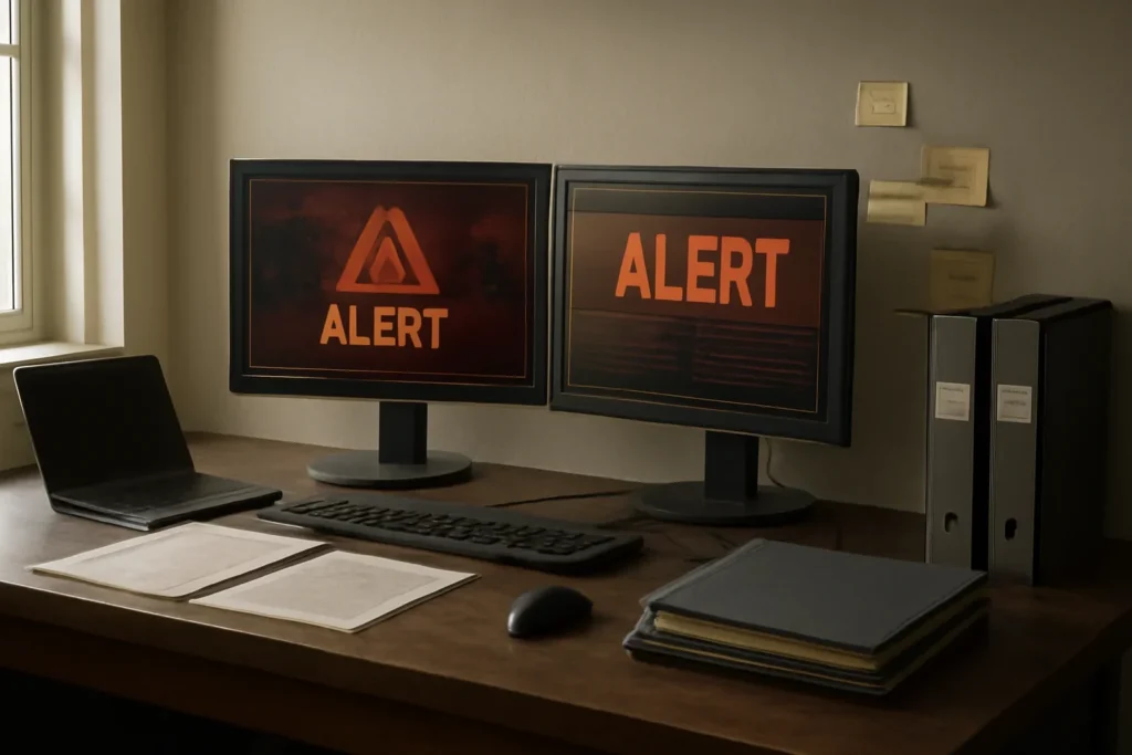 Editorial-style image for How Cyber Attacks Become Foreign Policy Crises with crisis response desk with alert screens, timeline notes, and security folders