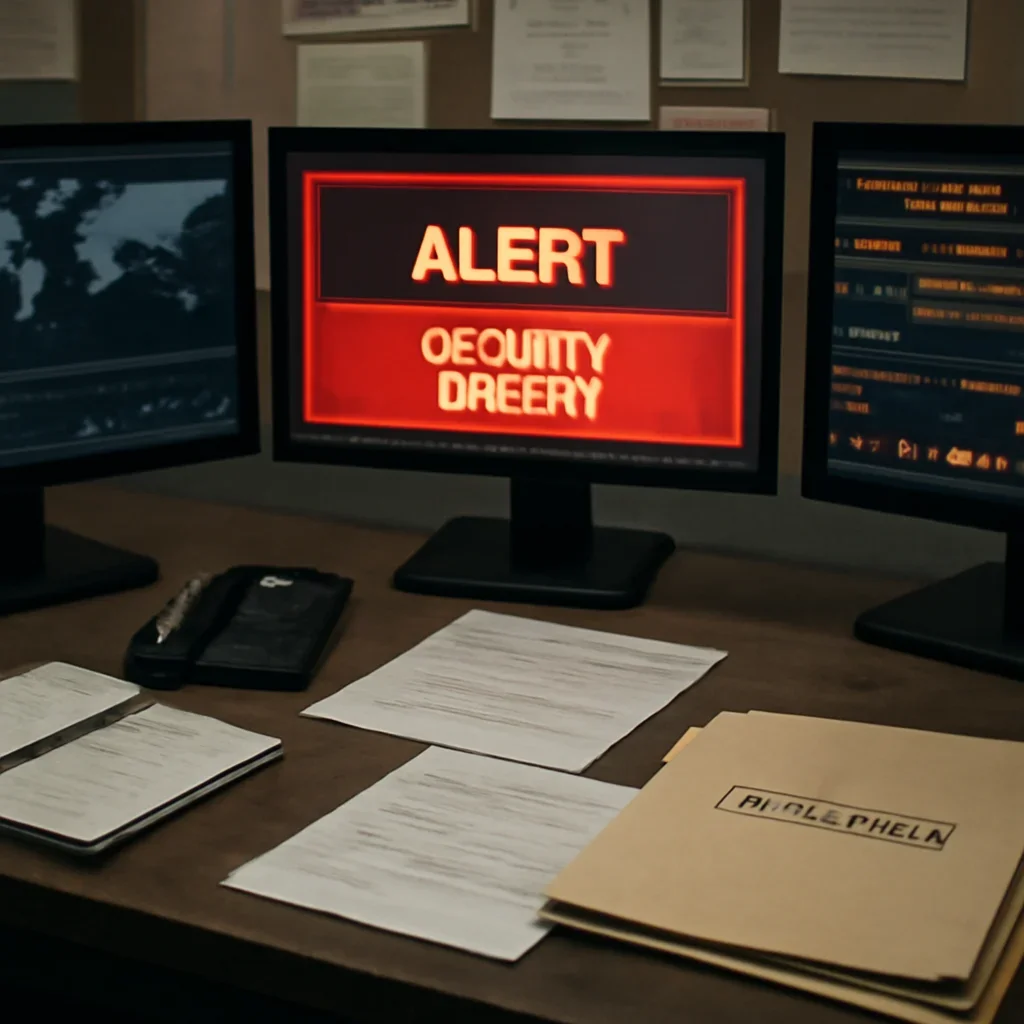Supporting visual for How Cyber Attacks Become Foreign Policy Crises showing crisis response desk with alert screens, timeline notes, and security folders in a working editorial context
