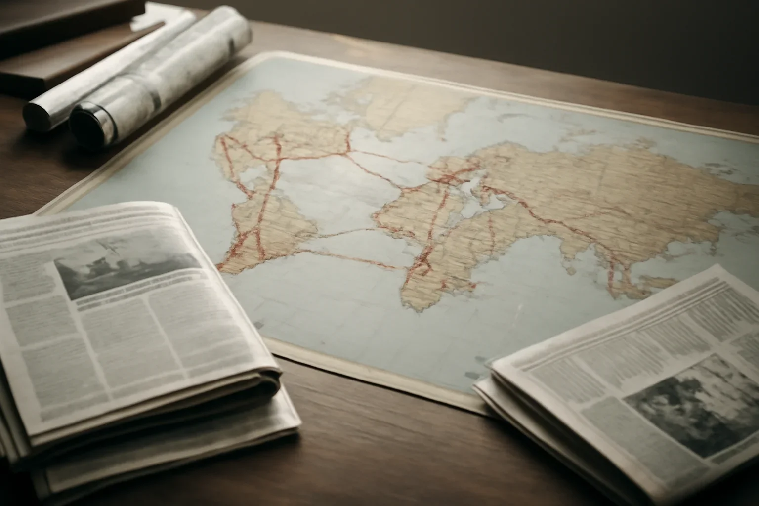 Editorial-style image for Blog with editorial desk with a world map, newspapers, and route markings
