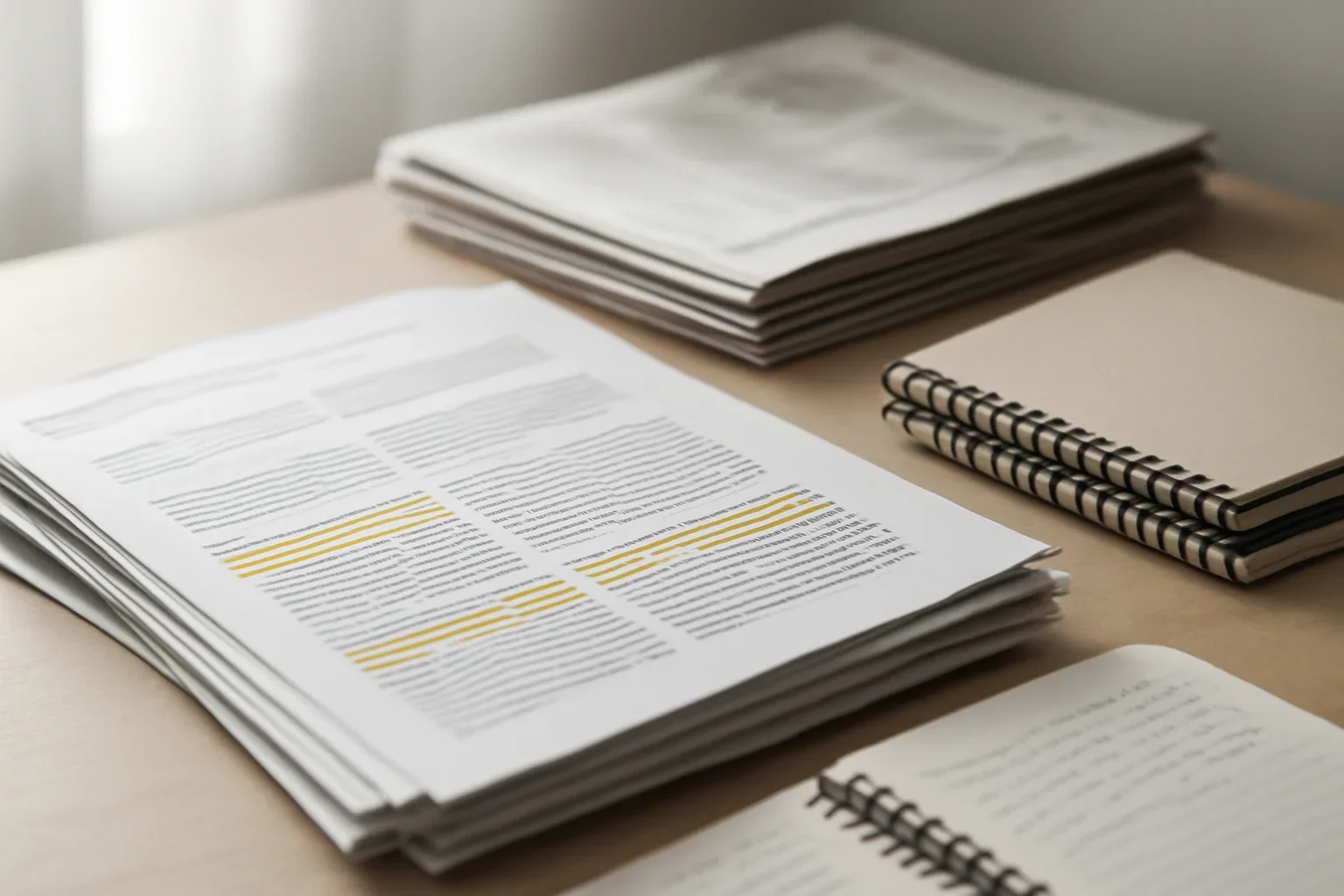 Editorial-style image for How to Read a Weekly News Recap Like an Analyst with editorial roundup desk with stacked printouts, notebooks, and highlighted headlines