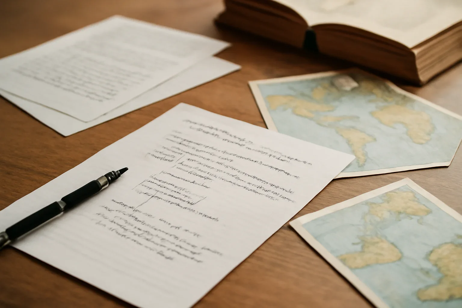Editorial-style image for How to Start Writing About Geopolitics with writer's desk with drafts, world map clippings, and a marked-up outline