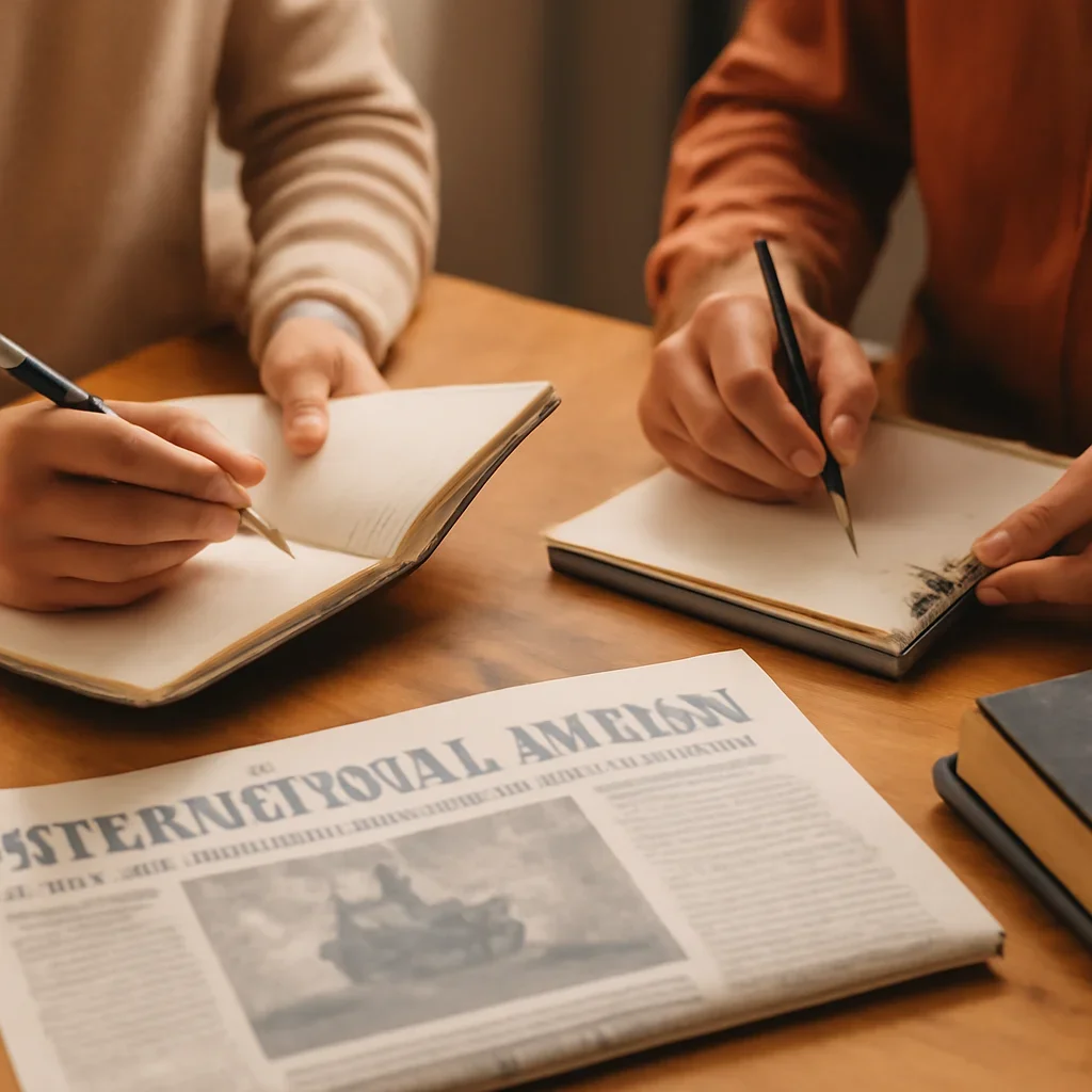 Closing call-to-action image for Why Media Narratives Shape International Politics featuring readers, notebooks, and international affairs material