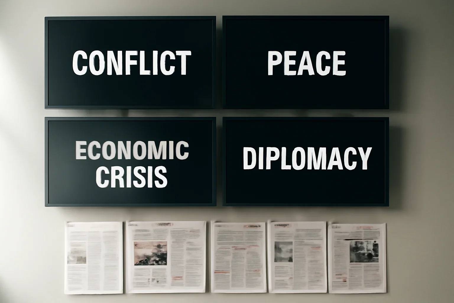 Editorial-style image for Why Media Narratives Shape International Politics with newsroom monitor wall with contrasting headlines and marked-up print pages