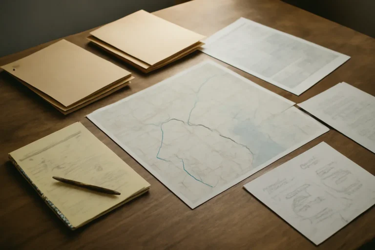 Editorial-style image for Refugee Policy and International Law Basics with humanitarian briefing table with legal folders, route maps, and community planning notes
