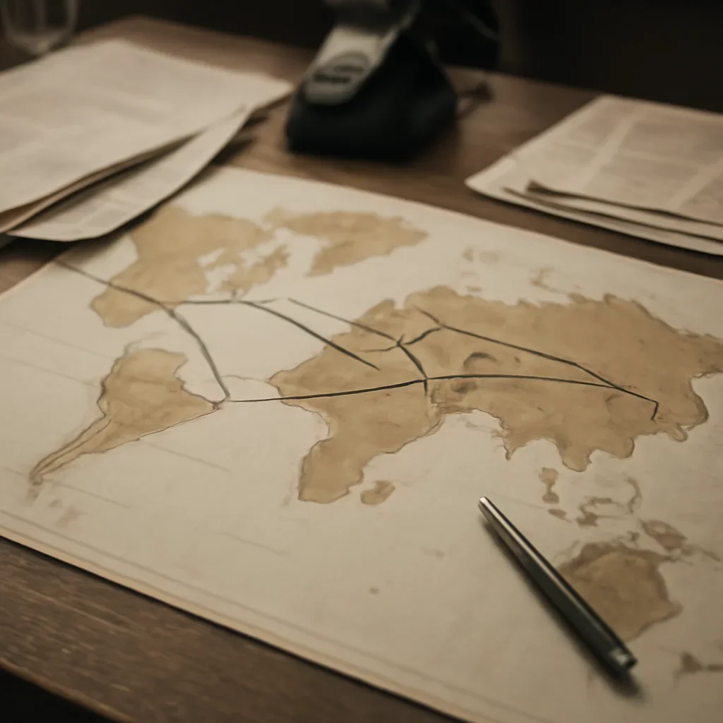 Supporting visual for Blog showing editorial desk with a world map, newspapers, and route markings in a working editorial context