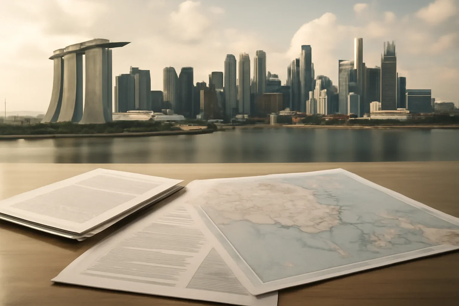Editorial-style image for Singapore Foreign Policy Explained with Singapore skyline with briefing notes and regional maps on a desk
