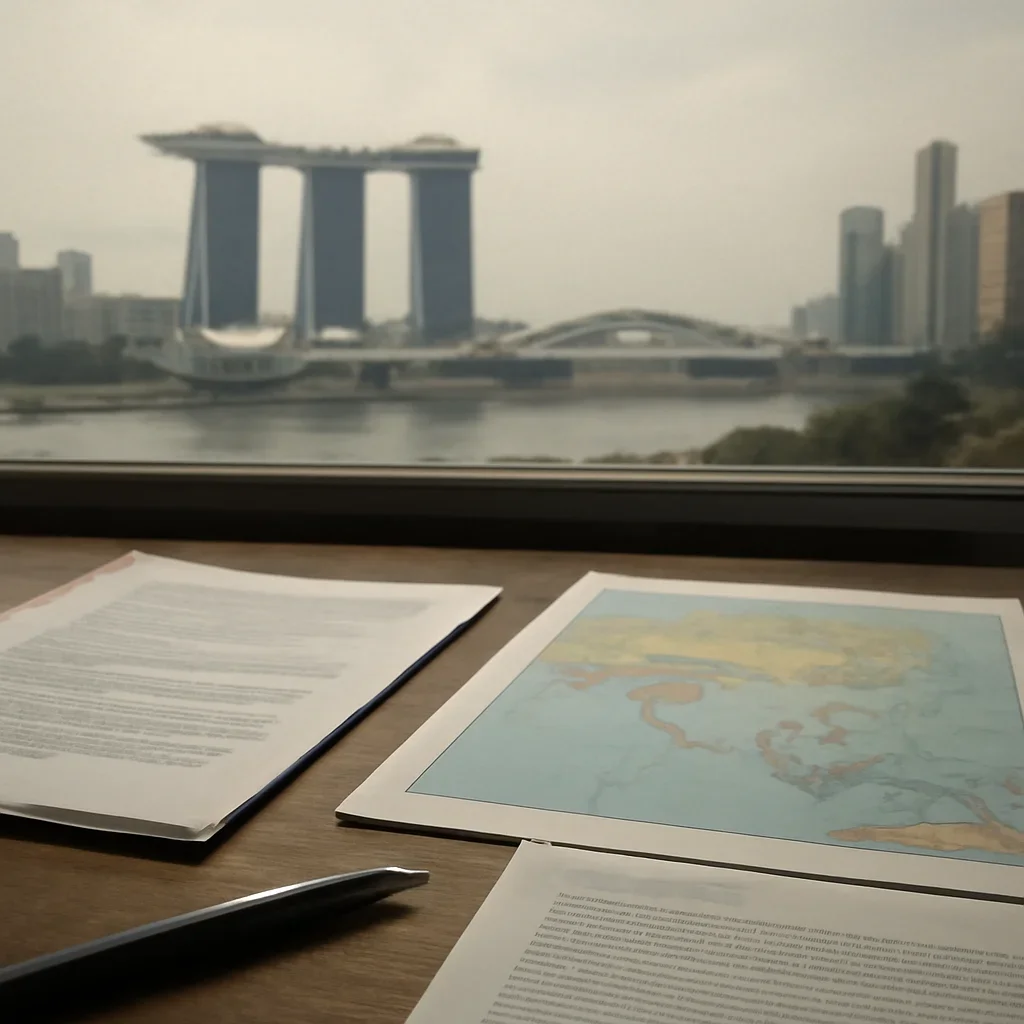 Supporting visual for Singapore Foreign Policy Explained showing Singapore skyline with briefing notes and regional maps on a desk in a working editorial context