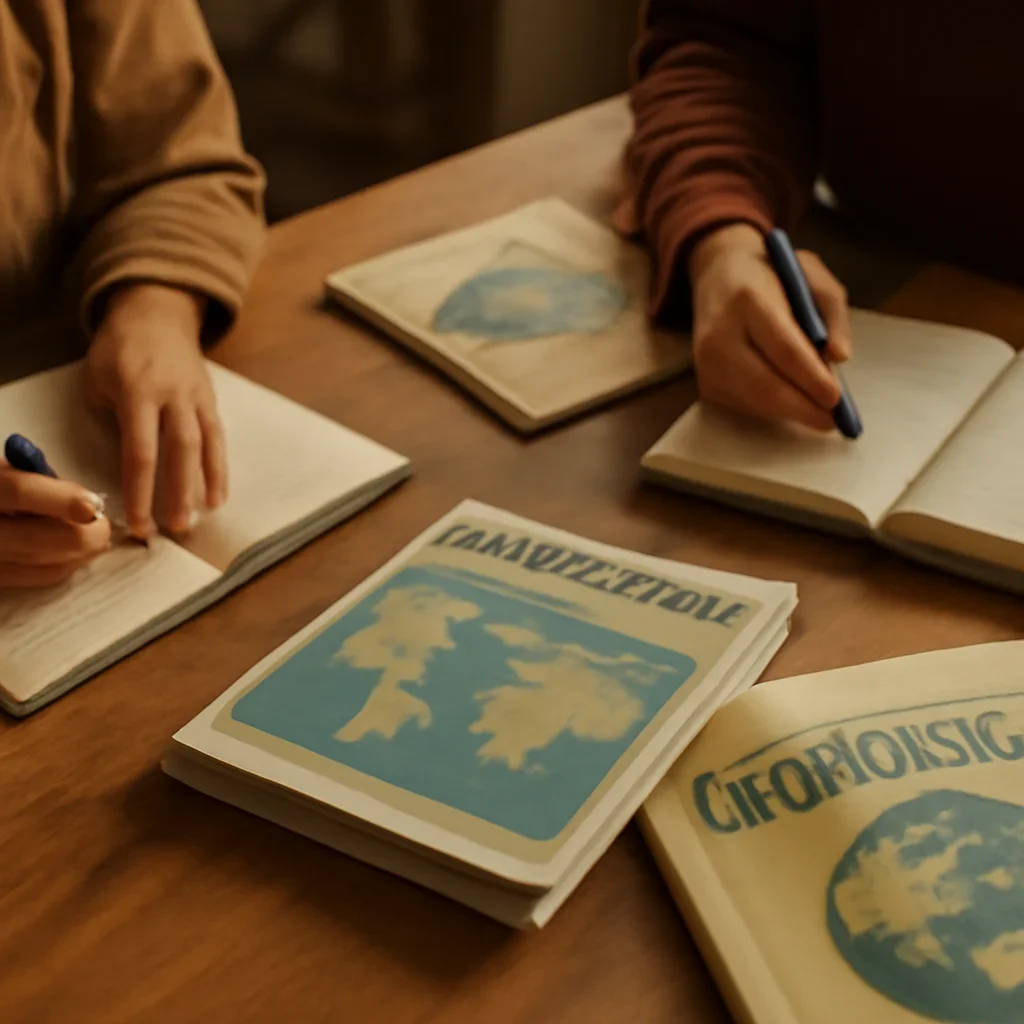 Closing call-to-action image for Supply Chains and Geopolitics Explained featuring readers, notebooks, and international affairs material