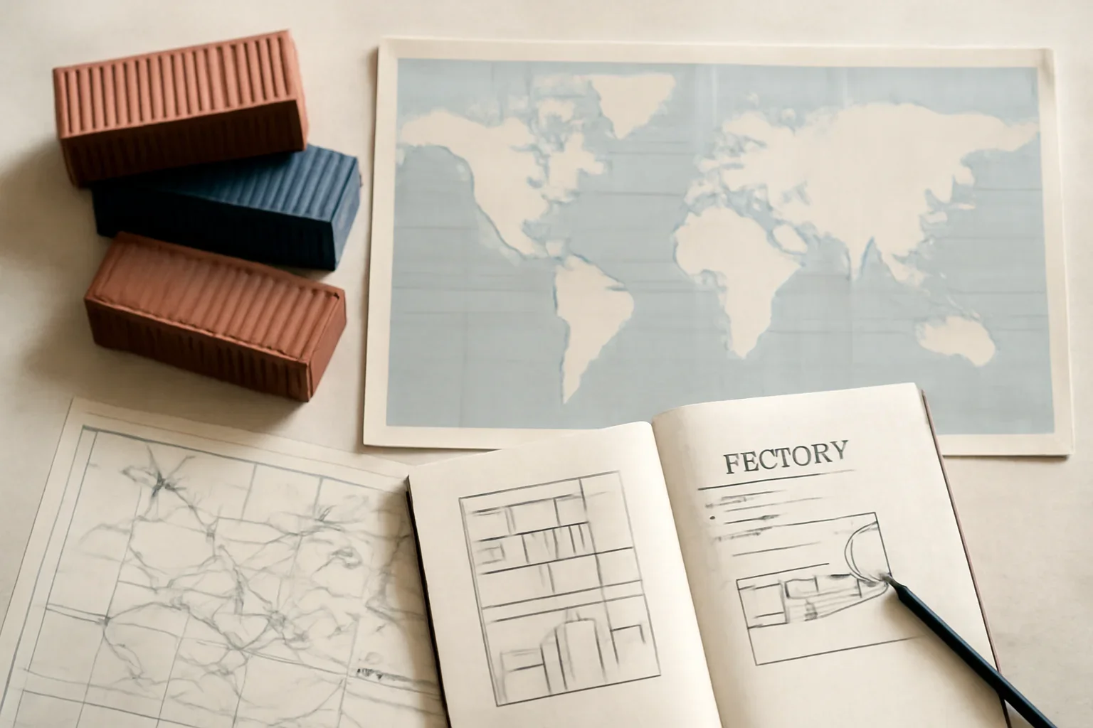 Editorial-style image for Supply Chains and Geopolitics Explained with shipping containers, logistics maps, and factory planning notes