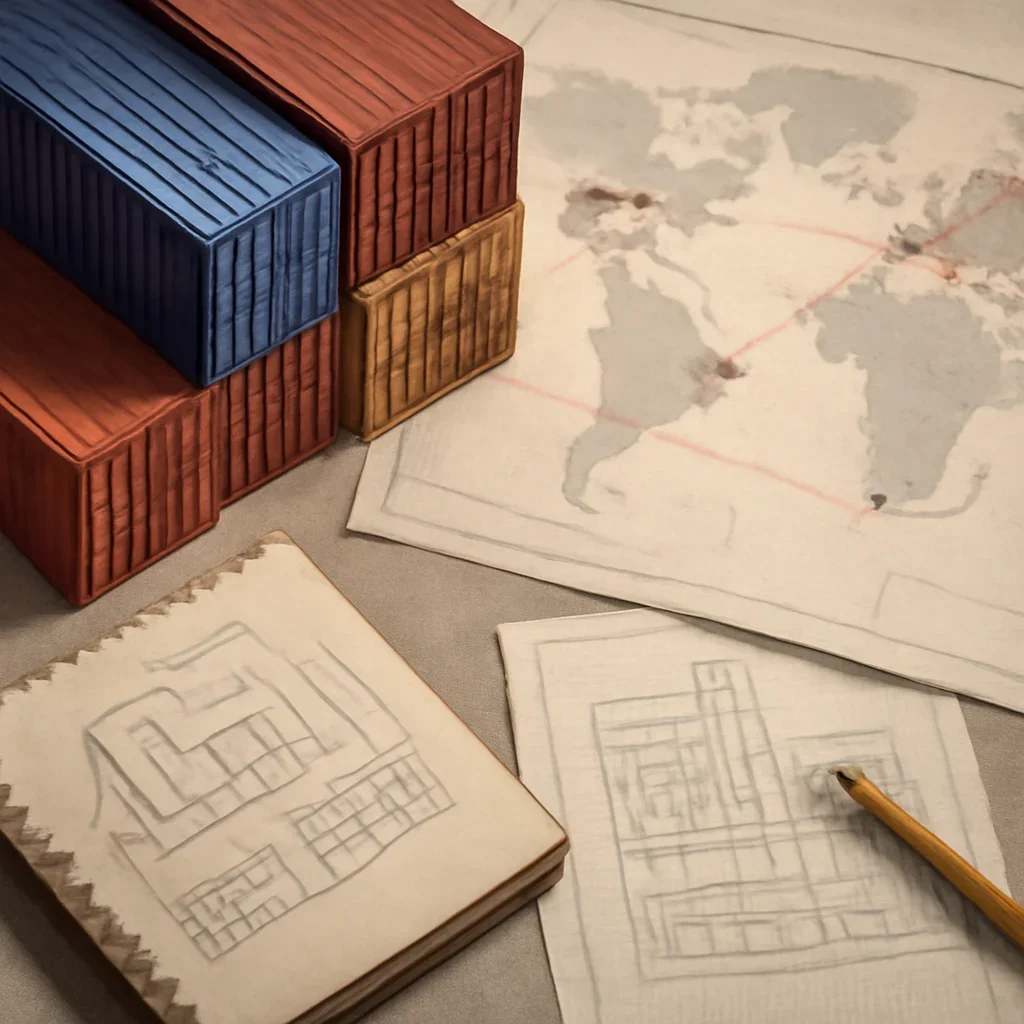 Supporting visual for Supply Chains and Geopolitics Explained showing shipping containers, logistics maps, and factory planning notes in a working editorial context