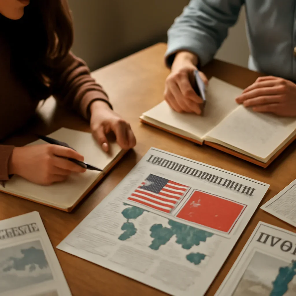 Closing call-to-action image for How US-China Rivalry Shapes Southeast Asia featuring readers, notebooks, and international affairs material