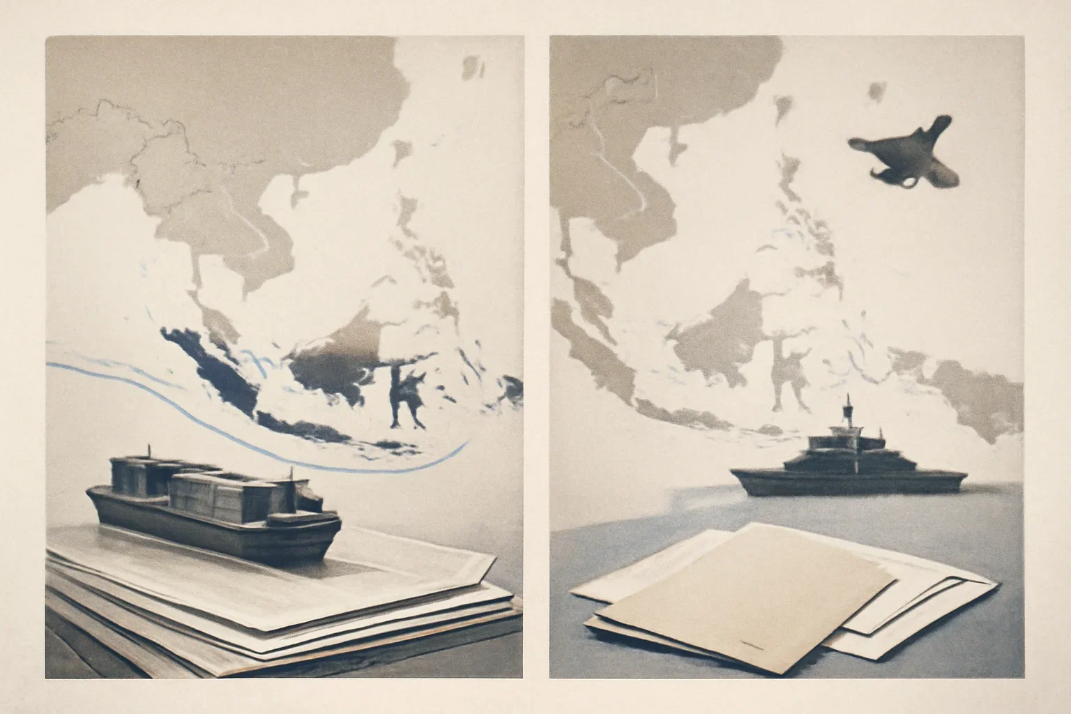 Editorial-style image for How US-China Rivalry Shapes Southeast Asia with split-screen trade and security visual with maps, shipping lanes, and policy papers