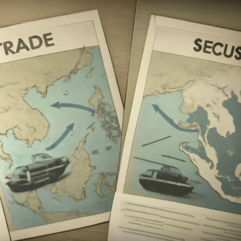 Supporting visual for How US-China Rivalry Shapes Southeast Asia showing split-screen trade and security visual with maps, shipping lanes, and policy papers in a working editorial context