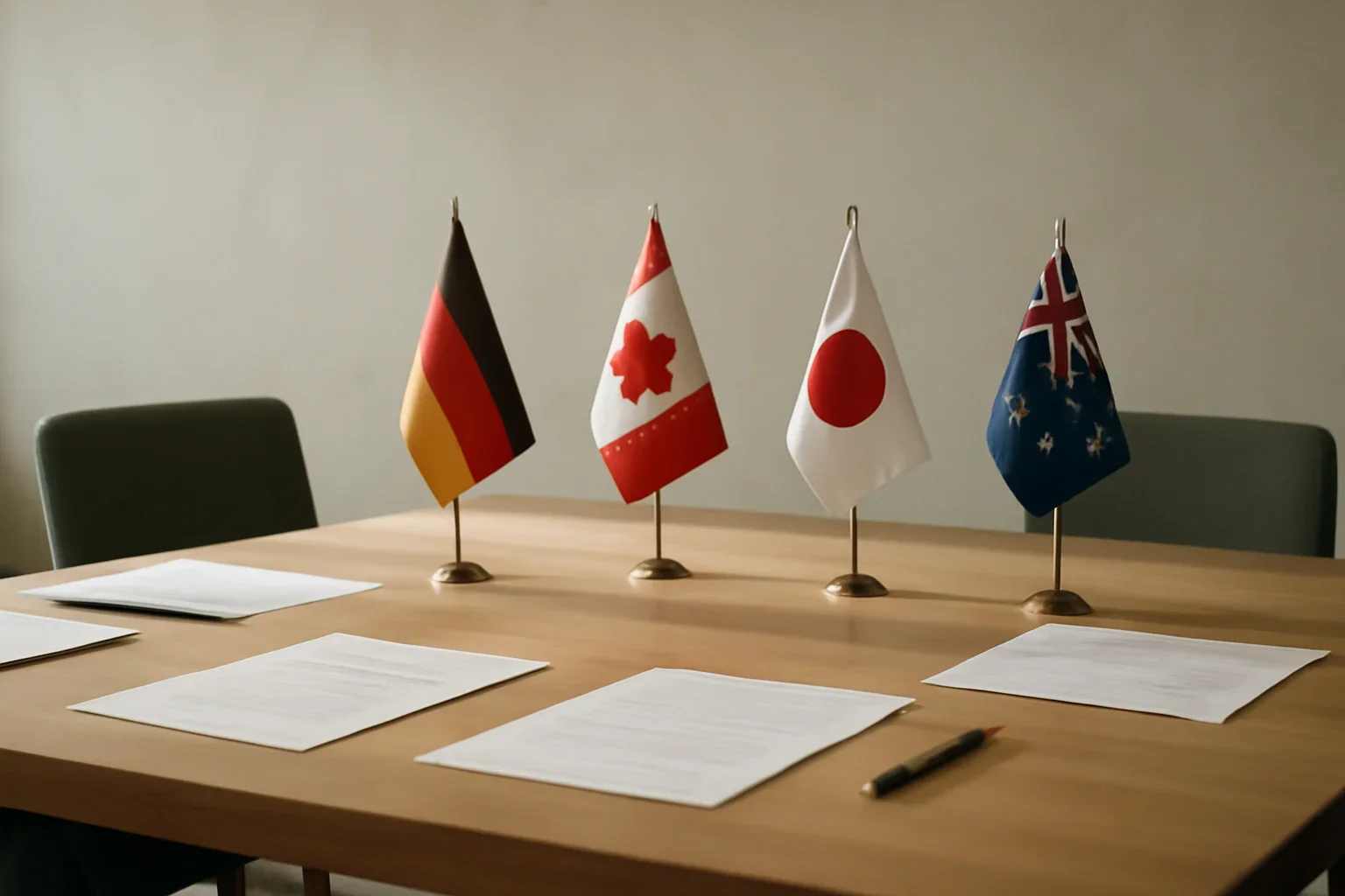 Editorial-style image for What Are Middle Powers in International Relations? with small-state diplomacy briefing table with multilateral meeting notes and flags