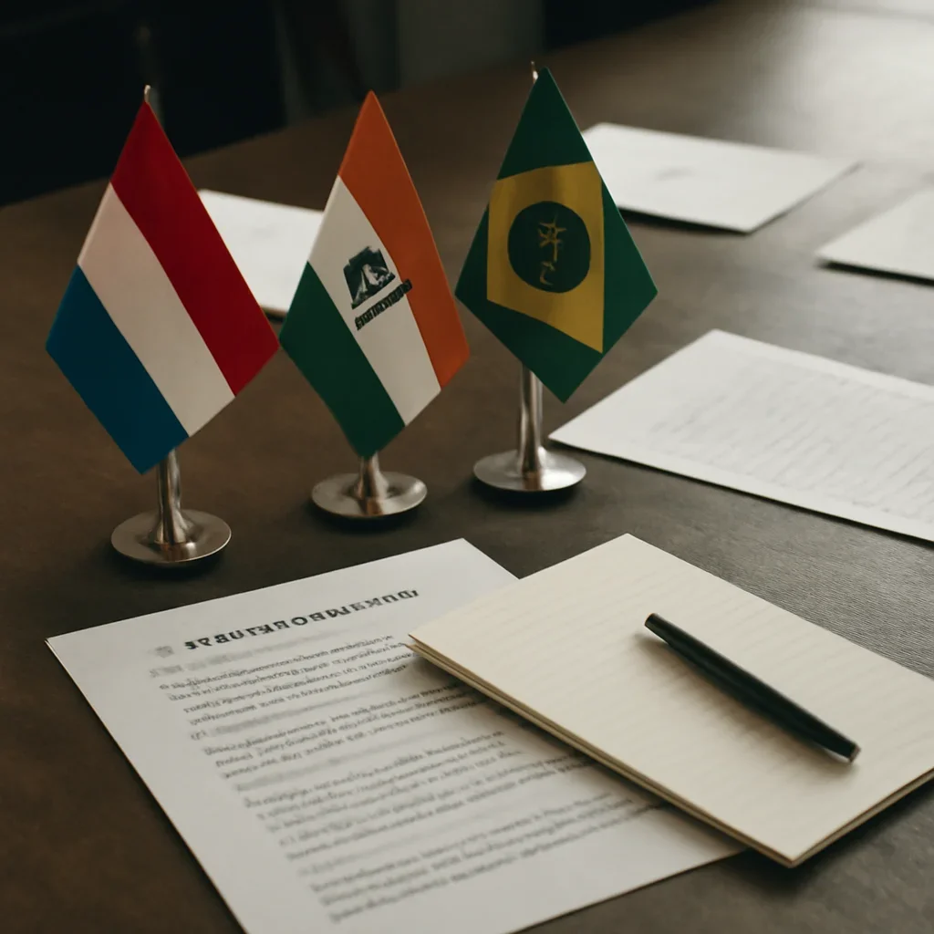 Supporting visual for What Are Middle Powers in International Relations? showing small-state diplomacy briefing table with multilateral meeting notes and flags in a working editorial context