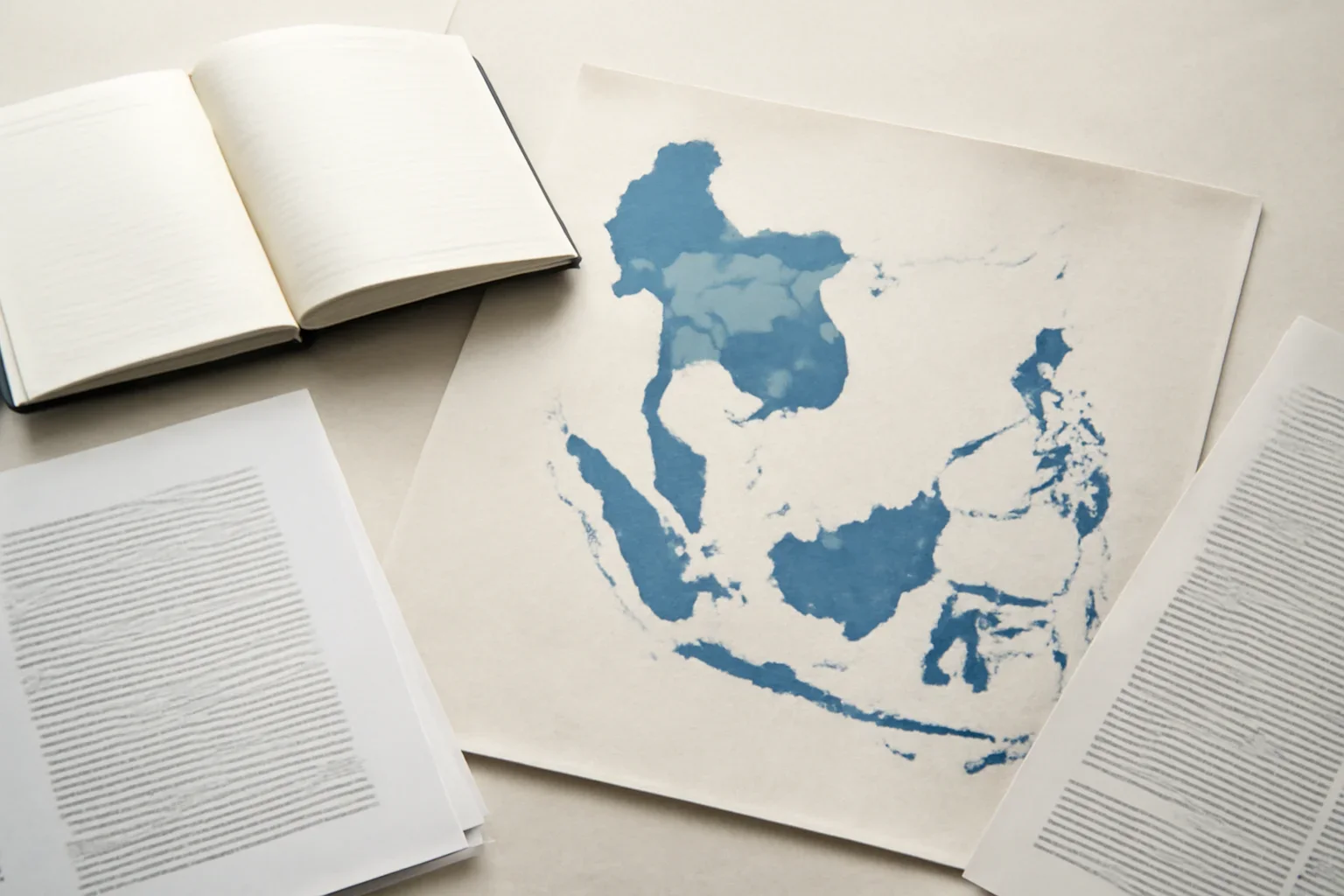 Editorial-style image for What Is ASEAN and Why Does It Matter? with Southeast Asia regional map with notebooks and discussion papers