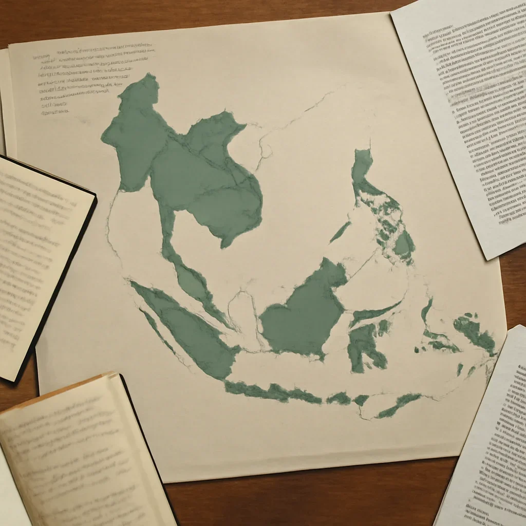 Supporting visual for What Is ASEAN and Why Does It Matter? showing Southeast Asia regional map with notebooks and discussion papers in a working editorial context