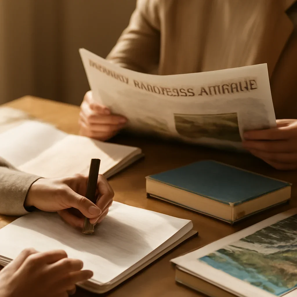 Closing call-to-action image for What Is Climate Security? featuring readers, notebooks, and international affairs material