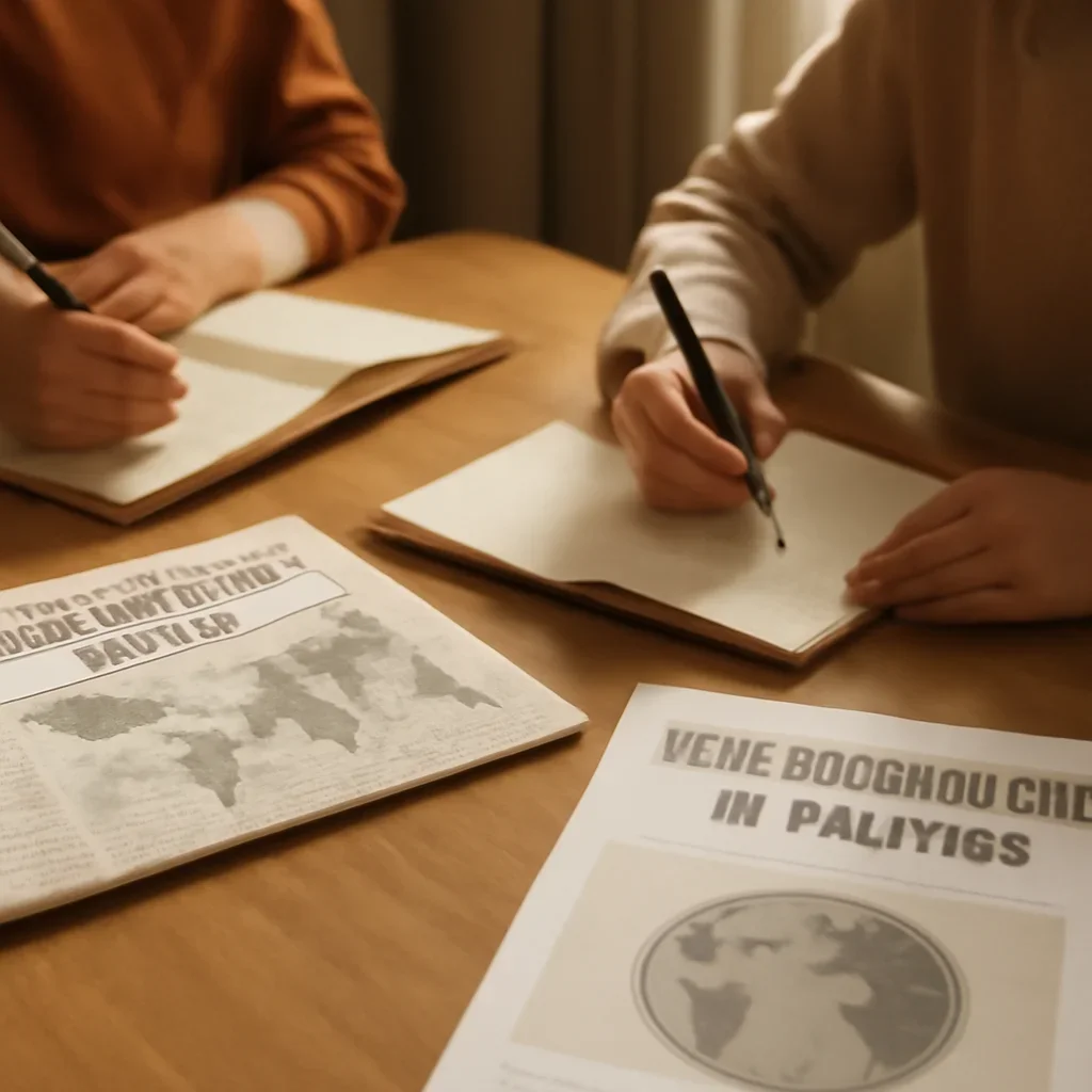 Closing call-to-action image for What Is Disinformation in Politics? featuring readers, notebooks, and international affairs material